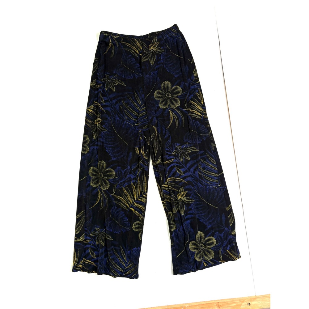 Chicos Travelers Wide Leg Pants Size 0 XS Black Blue Gold Tropical Floral Palm